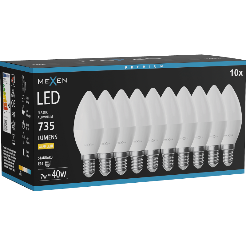 Mexen Nova 10x LED žiarovka E14, C37, 7W, Teplá - 3000K, 735 lm - L102-E14-0730-01x10