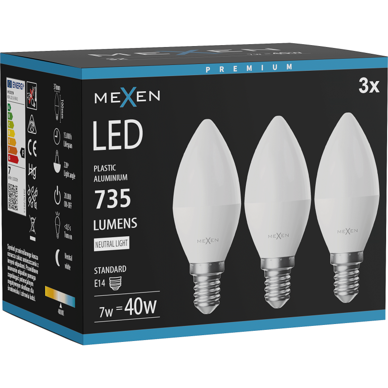 Mexen Nova 3x LED žiarovka E14, C37, 7W, Neutrálna - 4000K, 735 lm - L102-E14-0740-01x03