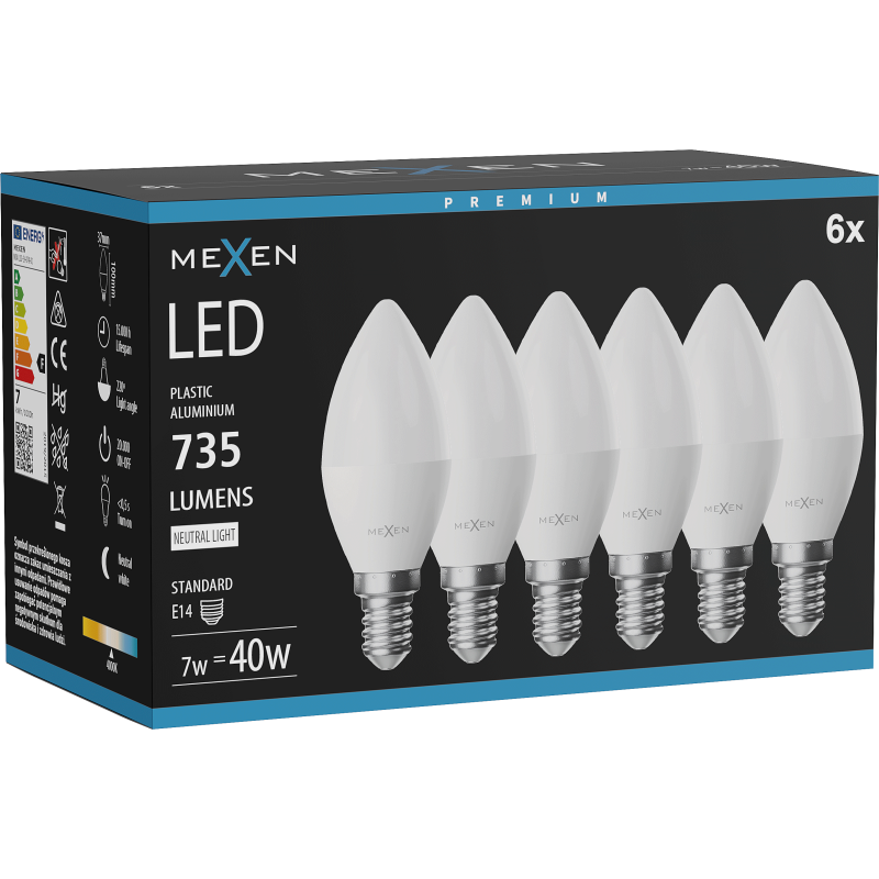 Mexen Nova 6x LED žiarovka E14, C37, 7W, Neutrálna - 4000K, 735 lm - L102-E14-0740-01x06