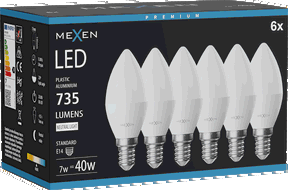 Mexen Nova 6x LED žiarovka E14, C37, 7W, Neutrálna - 4000K, 735 lm - L102-E14-0740-01x06