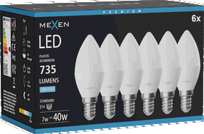 Mexen Nova 6x LED žiarovka E14, C37, 7W, Studená - 6500K, 735 lm - L102-E14-0765-01x06
