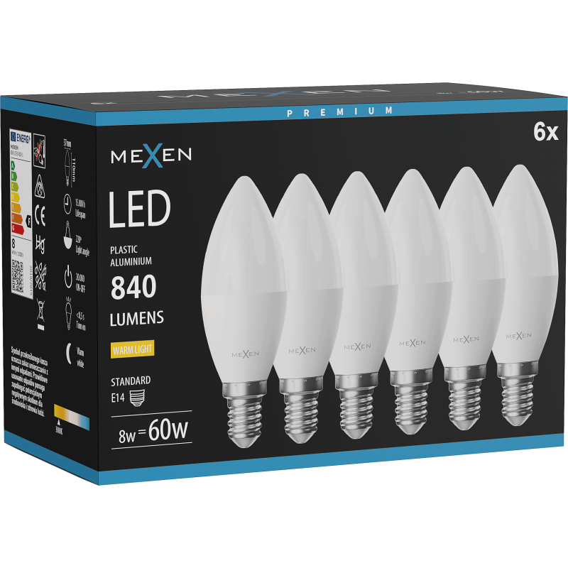 Mexen Nova 6x LED žiarovka E14, C37, 8W, Teplá - 3000K, 840 lm - L102-E14-0830-01x06