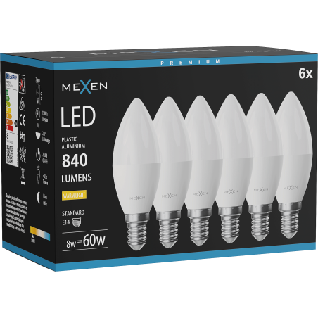 Mexen Nova 6x LED žiarovka E14, C37, 8W, Teplá - 3000K, 840 lm - L102-E14-0830-01x06