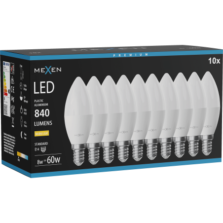 Mexen Nova 10x LED žiarovka E14, C37, 8W, Teplá - 3000K, 840 lm - L102-E14-0830-01x10