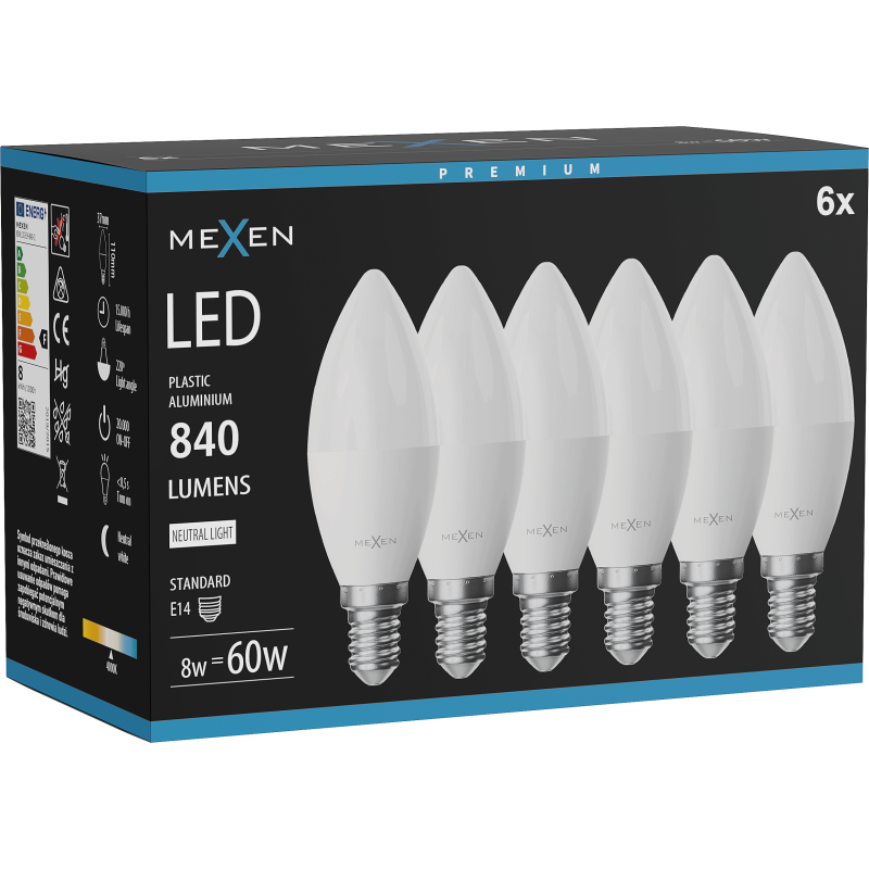 Mexen Nova 6x LED žiarovka E14, C37, 8W, Neutrálna - 4000K, 840 lm - L102-E14-0840-01x06