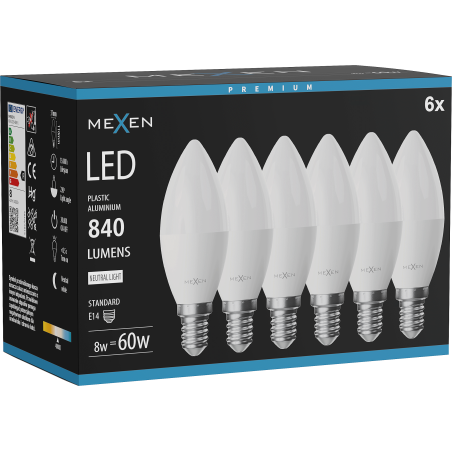 Mexen Nova 6x LED žiarovka E14, C37, 8W, Neutrálna - 4000K, 840 lm - L102-E14-0840-01x06