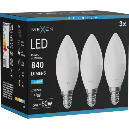 Mexen Nova 3x LED žiarovka E14, C37, 8W, Studená - 6500K, 840 lm - L102-E14-0865-01x03