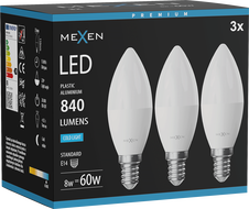 Mexen Nova 3x LED žiarovka E14, C37, 8W, Studená - 6500K, 840 lm - L102-E14-0865-01x03