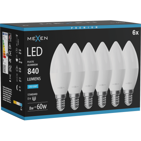 Mexen Nova 6x LED žiarovka E14, C37, 8W, Studená - 6500K, 840 lm - L102-E14-0865-01x06
