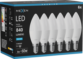 Mexen Nova 6x LED žiarovka E14, C37, 8W, Studená - 6500K, 840 lm - L102-E14-0865-01x06