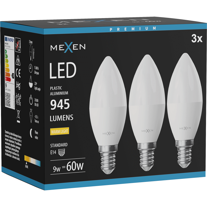Mexen Nova 3x LED žiarovka E14, C37, 9W, Teplá - 3000K, 945 lm - L102-E14-0930-01x03