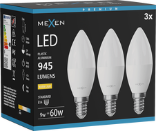 Mexen Nova 3x LED žiarovka E14, C37, 9W, Teplá - 3000K, 945 lm - L102-E14-0930-01x03