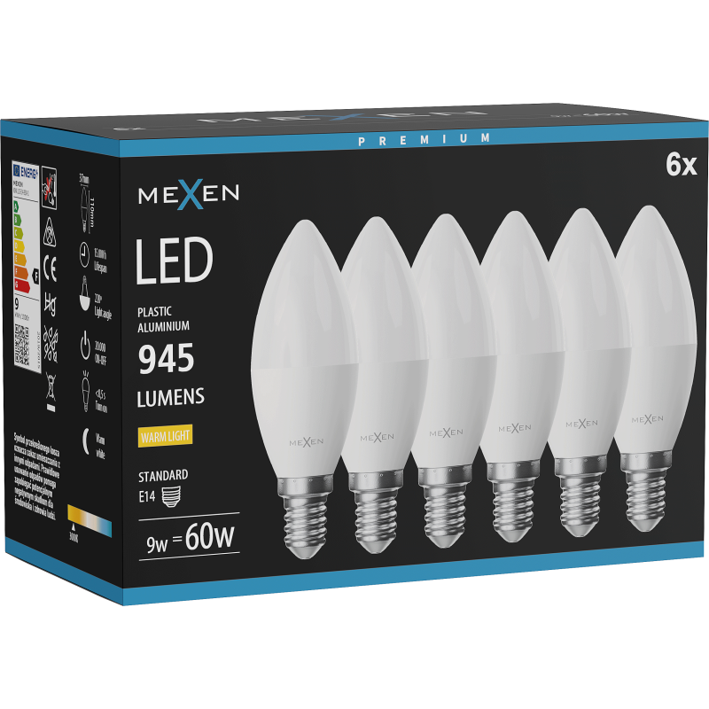Mexen Nova 6x LED žiarovka E14, C37, 9W, Teplá - 3000K, 945 lm - L102-E14-0930-01x06