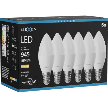 Mexen Nova 6x LED žiarovka E14, C37, 9W, Teplá - 3000K, 945 lm - L102-E14-0930-01x06