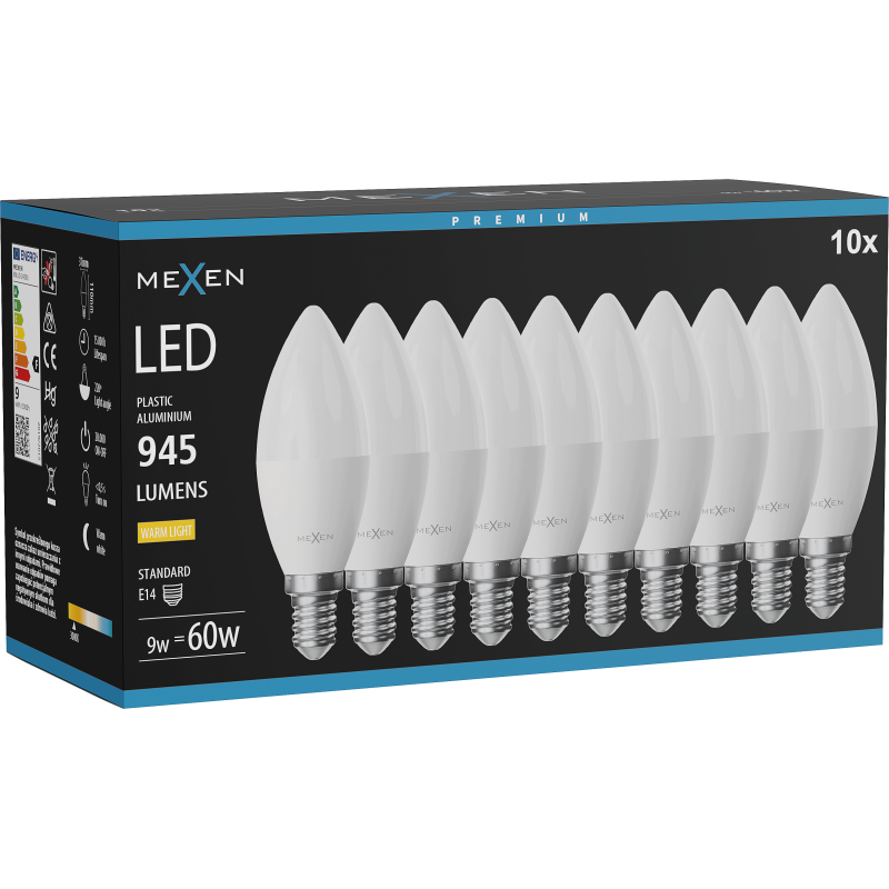 Mexen Nova 10x LED žiarovka E14, C37, 9W, Teplá - 3000K, 945 lm - L102-E14-0930-01x10