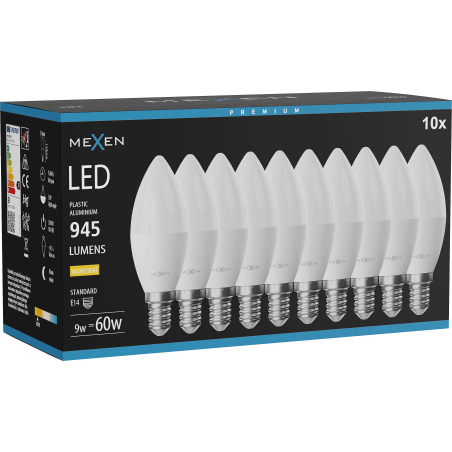 Mexen Nova 10x LED žiarovka E14, C37, 9W, Teplá - 3000K, 945 lm - L102-E14-0930-01x10