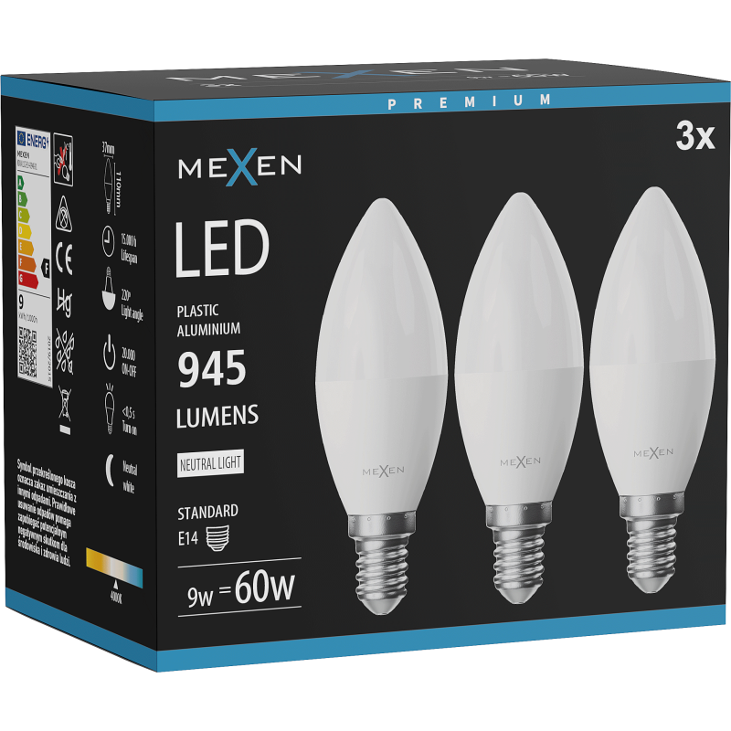 Mexen Nova 3x LED žiarovka E14, C37, 9W, Neutrálna - 4000K, 945 lm - L102-E14-0940-01x03