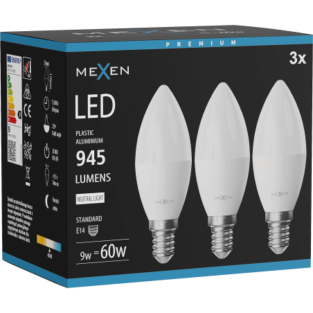 Mexen Nova 3x LED žiarovka E14, C37, 9W, Neutrálna - 4000K, 945 lm - L102-E14-0940-01x03