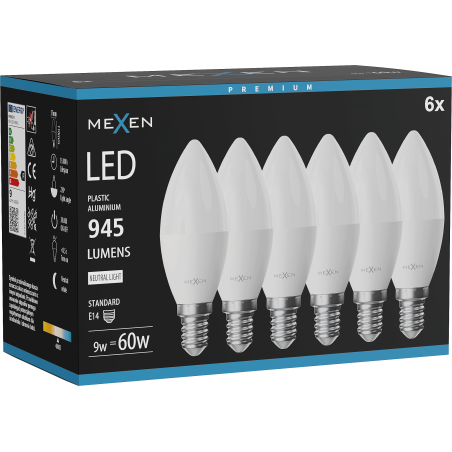 Mexen Nova 6x LED žiarovka E14, C37, 9W, Neutrálna - 4000K, 945 lm - L102-E14-0940-01x06