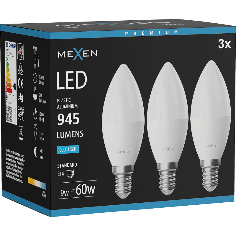 Mexen Nova 3x LED žiarovka E14, C37, 9W, Studená - 6500K, 945 lm - L102-E14-0965-01x03