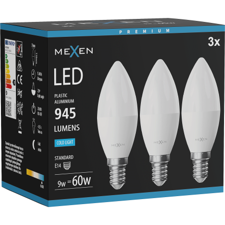 Mexen Nova 3x LED žiarovka E14, C37, 9W, Studená - 6500K, 945 lm - L102-E14-0965-01x03