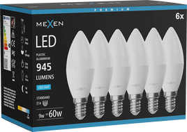 Mexen Nova 6x LED Žiarovka E14, C37, 9W, Studená - 6500K, 945 lm - L102-E14-0965-01x06