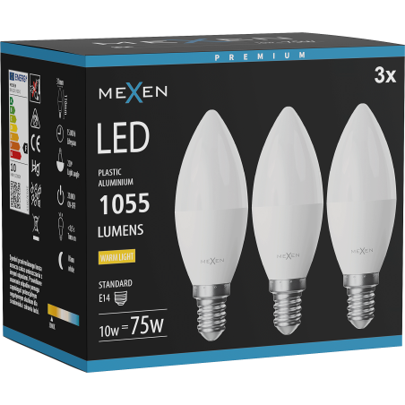 Mexen Nova 3x LED žiarovka E14, C37, 10W, Teplá - 3000K, 1055 lm - L102-E14-1030-01x03