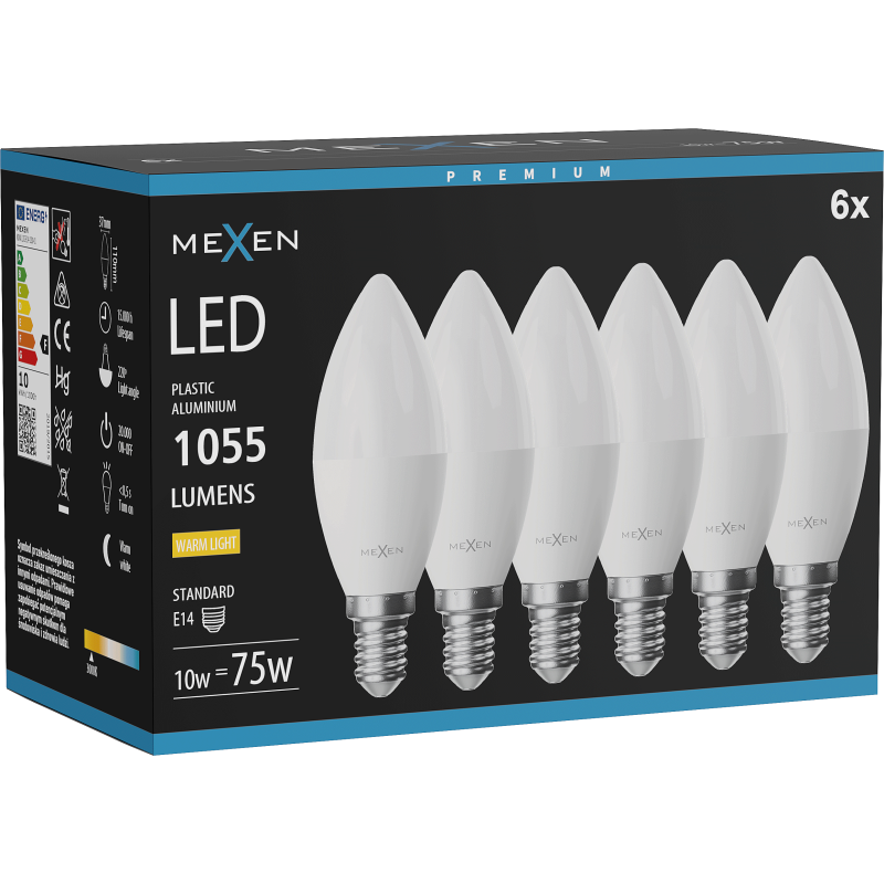 Mexen Nova 6x LED žiarovka E14, C37, 10W, Teplá - 3000K, 1055 lm - L102-E14-1030-01x06