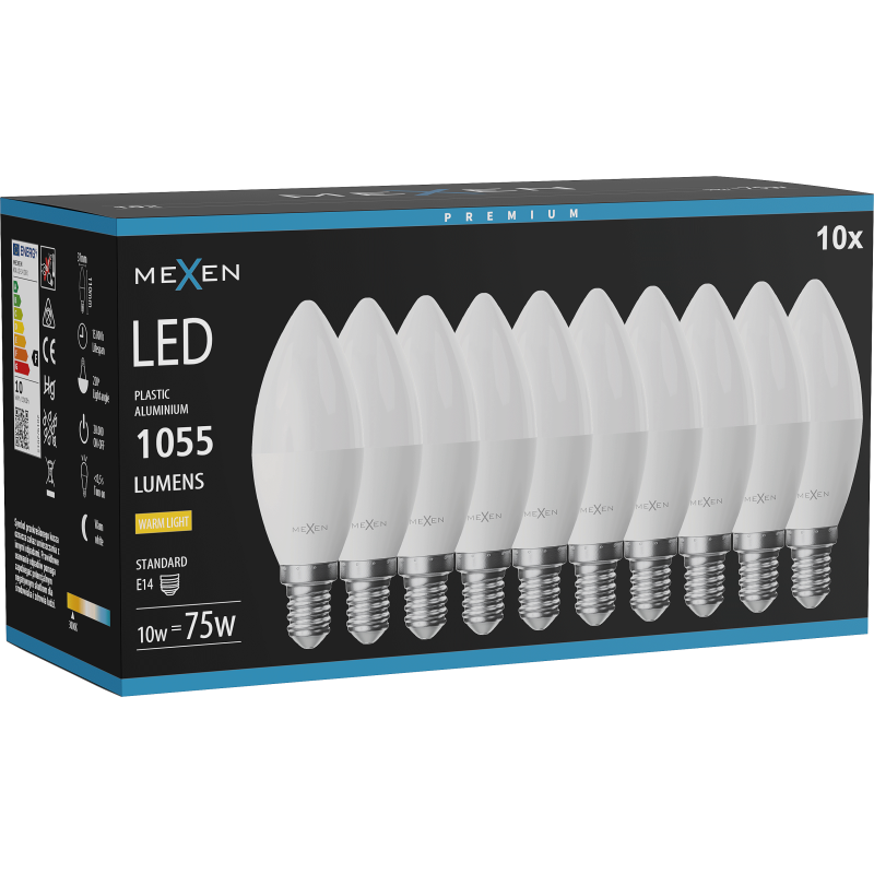 Mexen Nova 10x LED žiarovka E14, C37, 10W, Teplá - 3000K, 1055 lm - L102-E14-1030-01x10
