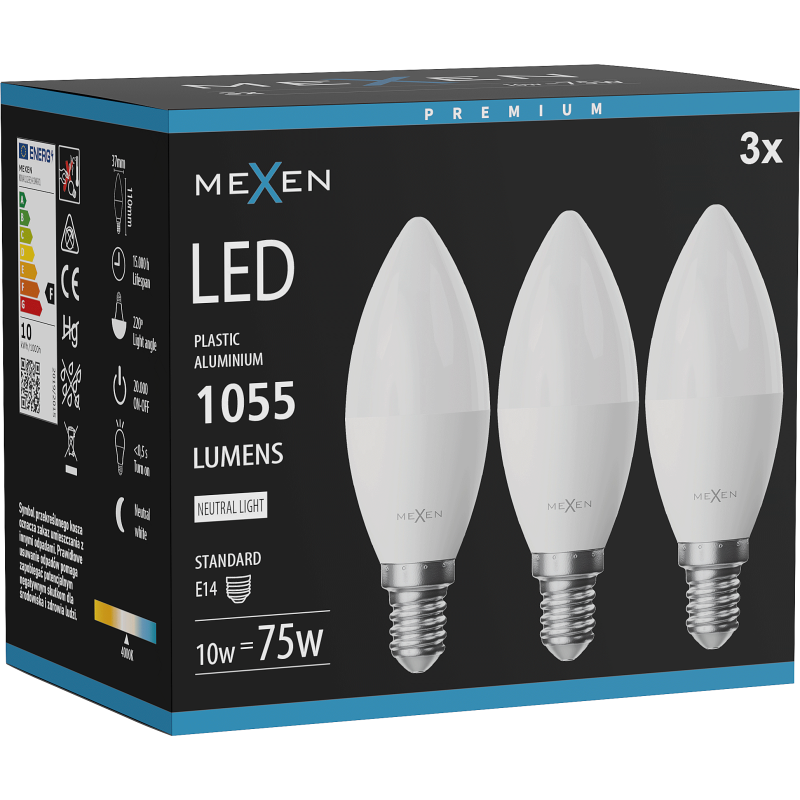 Mexen Nova 3x LED žiarovka E14, C37, 10W, Neutrálna - 4000K, 1055 lm - L102-E14-1040-01x03