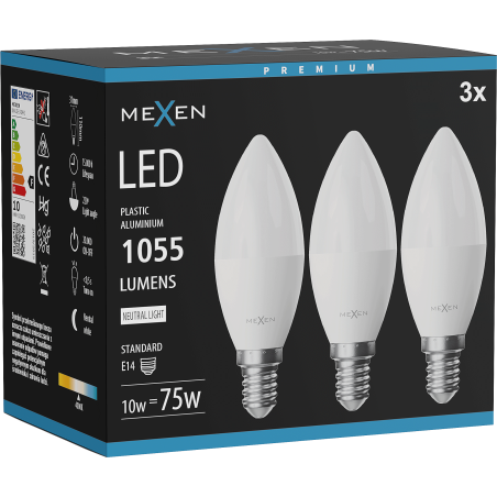 Mexen Nova 3x LED žiarovka E14, C37, 10W, Neutrálna - 4000K, 1055 lm - L102-E14-1040-01x03