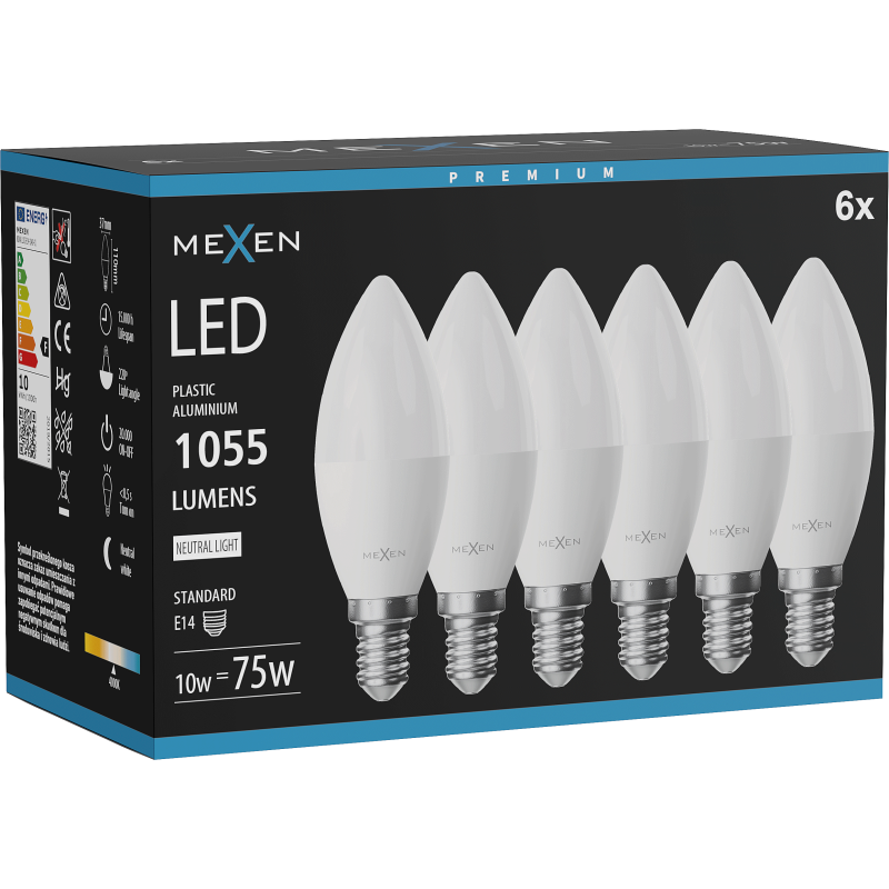 Mexen Nova 6x LED žiarovka E14, C37, 10W, Neutrálna - 4000K, 1055 lm - L102-E14-1040-01x06