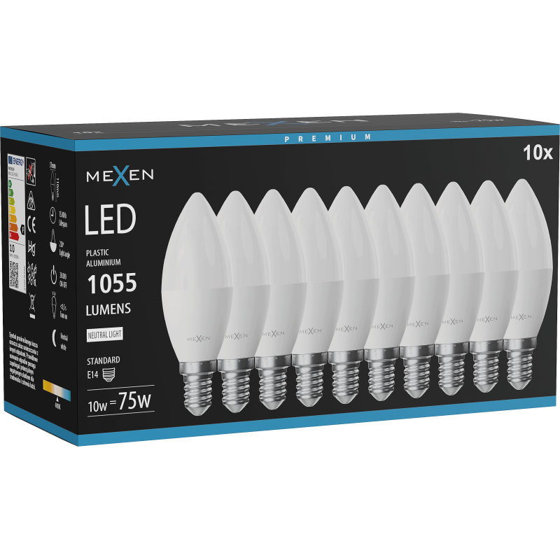 Mexen Nova 10x LED žiarovka E14, C37, 10W, Neutrálna - 4000K, 1055 lm - L102-E14-1040-01x10