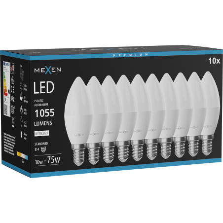 Mexen Nova 10x LED žiarovka E14, C37, 10W, Neutrálna - 4000K, 1055 lm - L102-E14-1040-01x10