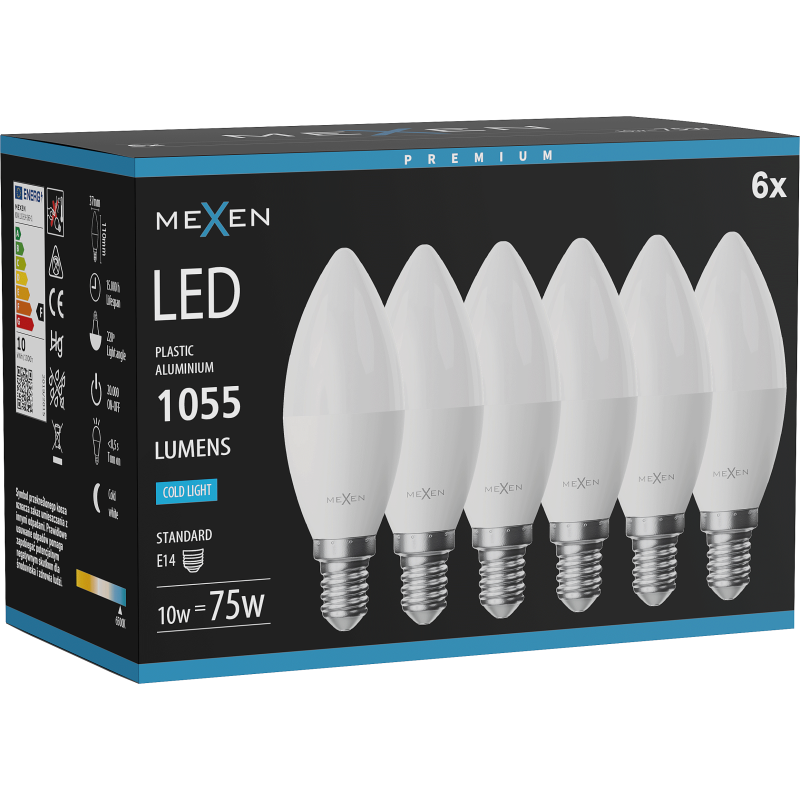 Mexen Nova 6x Žiarovka LED E14, C37, 10W, Studená - 6500K, 1055 lm - L102-E14-1065-01x06