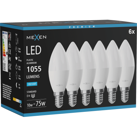 Mexen Nova 6x Žiarovka LED E14, C37, 10W, Studená - 6500K, 1055 lm - L102-E14-1065-01x06