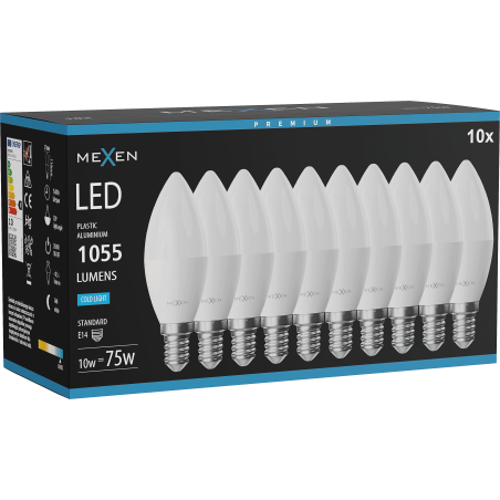 Mexen Nova 10x žiarovka LED E14, C37, 10W, Studená - 6500K, 1055 lm - L102-E14-1065-01x10