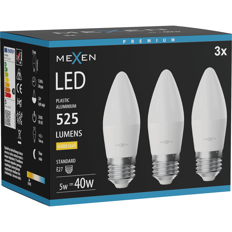 Mexen Nova 3x LED žiarovka E27, C37, 5W, Teplá - 3000K, 525 lm - L102-E27-0530-01x03
