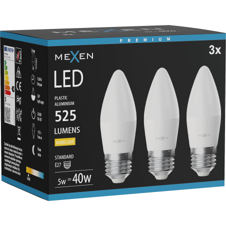 Mexen Nova 3x LED žiarovka E27, C37, 5W, Teplá - 3000K, 525 lm - L102-E27-0530-01x03