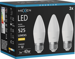 Mexen Nova 3x LED žiarovka E27, C37, 5W, Teplá - 3000K, 525 lm - L102-E27-0530-01x03