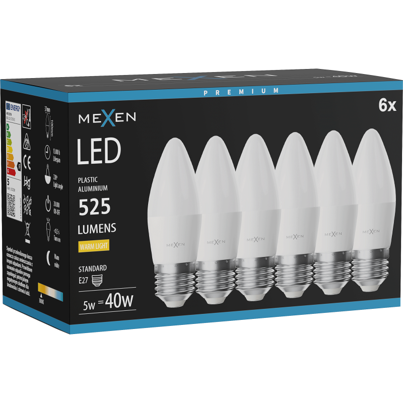 Mexen Nova 6x Žiarovka LED E27, C37, 5W, Teplá - 3000K, 525 lm - L102-E27-0530-01x06