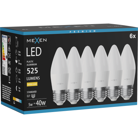 Mexen Nova 6x Žiarovka LED E27, C37, 5W, Teplá - 3000K, 525 lm - L102-E27-0530-01x06