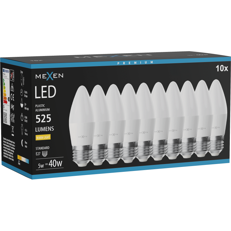 Mexen Nova 10x LED žiarovka E27, C37, 5W, Teplá - 3000K, 525 lm - L102-E27-0530-01x10