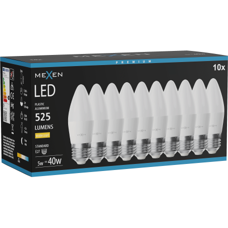 Mexen Nova 10x LED žiarovka E27, C37, 5W, Teplá - 3000K, 525 lm - L102-E27-0530-01x10