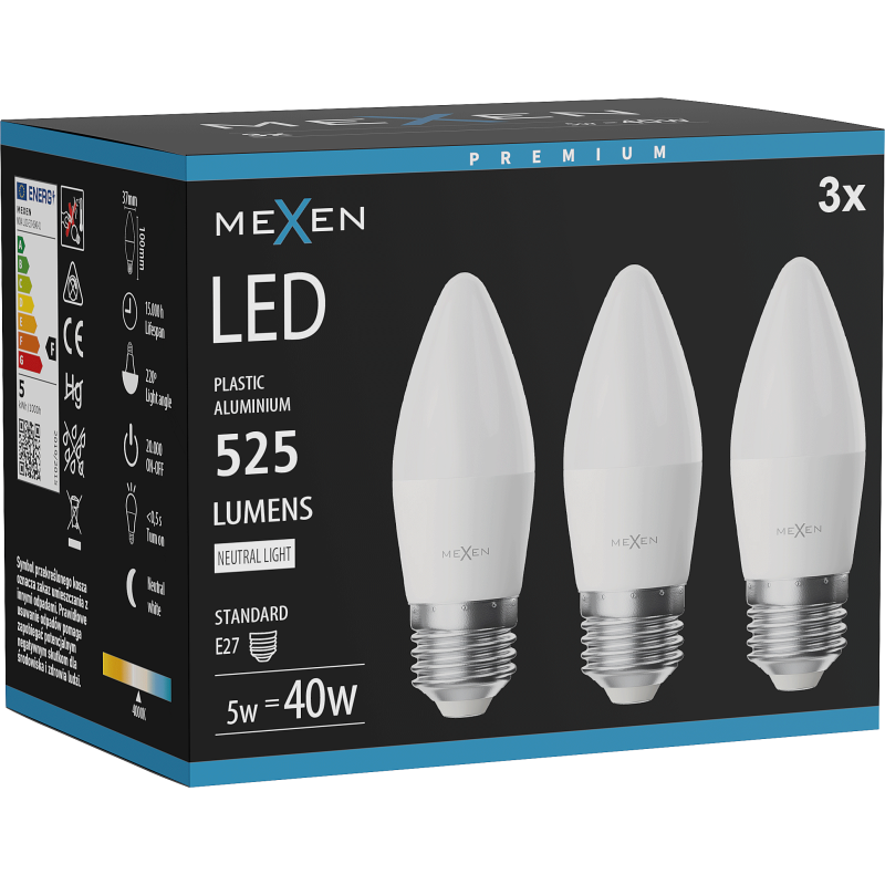 Mexen Nova 3x LED žiarovka E27, C37, 5W, Neutrálna - 4000K, 525 lm - L102-E27-0540-01x03