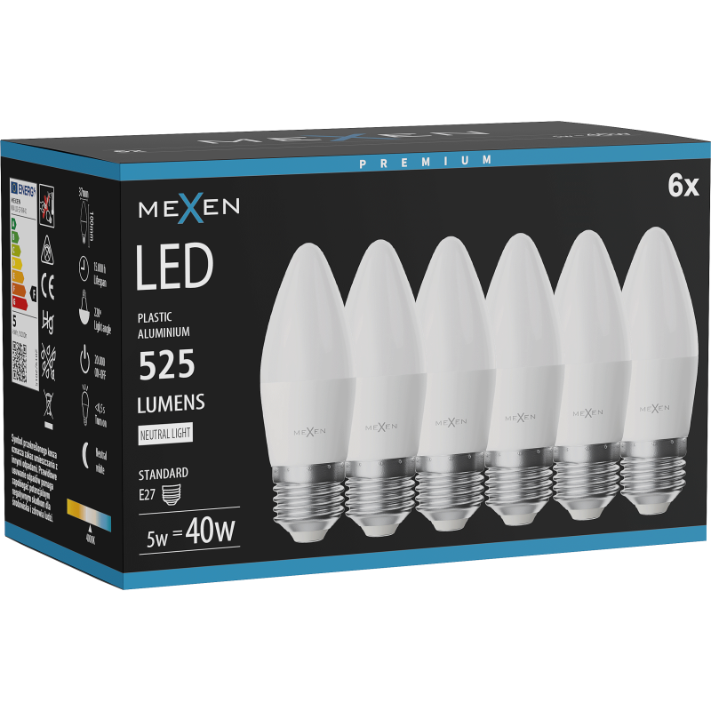Mexen Nova 6x LED žiarovka E27, C37, 5W, Neutrálna - 4000K, 525 lm - L102-E27-0540-01x06