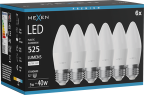 Mexen Nova 6x LED žiarovka E27, C37, 5W, Neutrálna - 4000K, 525 lm - L102-E27-0540-01x06