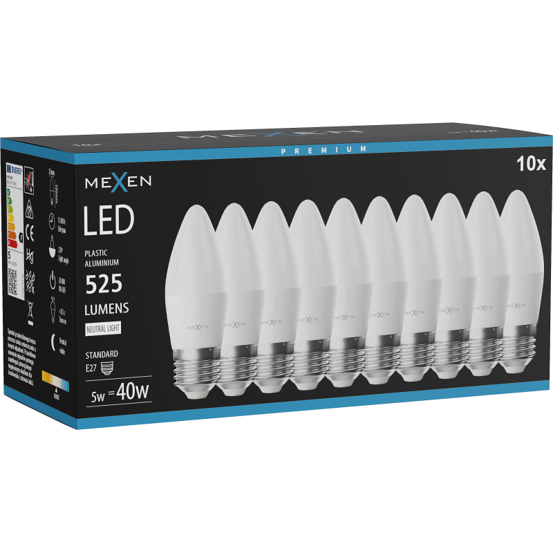 Mexen Nova 10x LED žiarovka E27, C37, 5W, Neutrálna - 4000K, 525 lm - L102-E27-0540-01x10