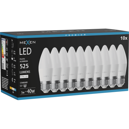 Mexen Nova 10x LED žiarovka E27, C37, 5W, Neutrálna - 4000K, 525 lm - L102-E27-0540-01x10