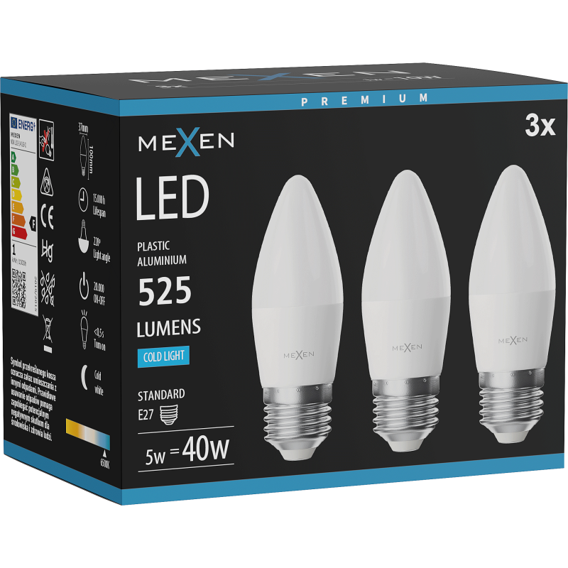 Mexen Nova 3x LED žiarovka E27, C37, 5W, Studená - 6500K, 525 lm - L102-E27-0565-01x03